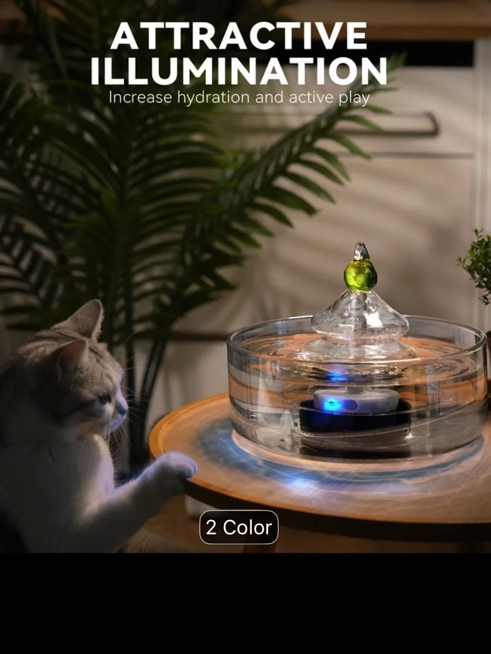 All Glass Pet Water Fountain - Clear Glass w/ Green Accent - NWT